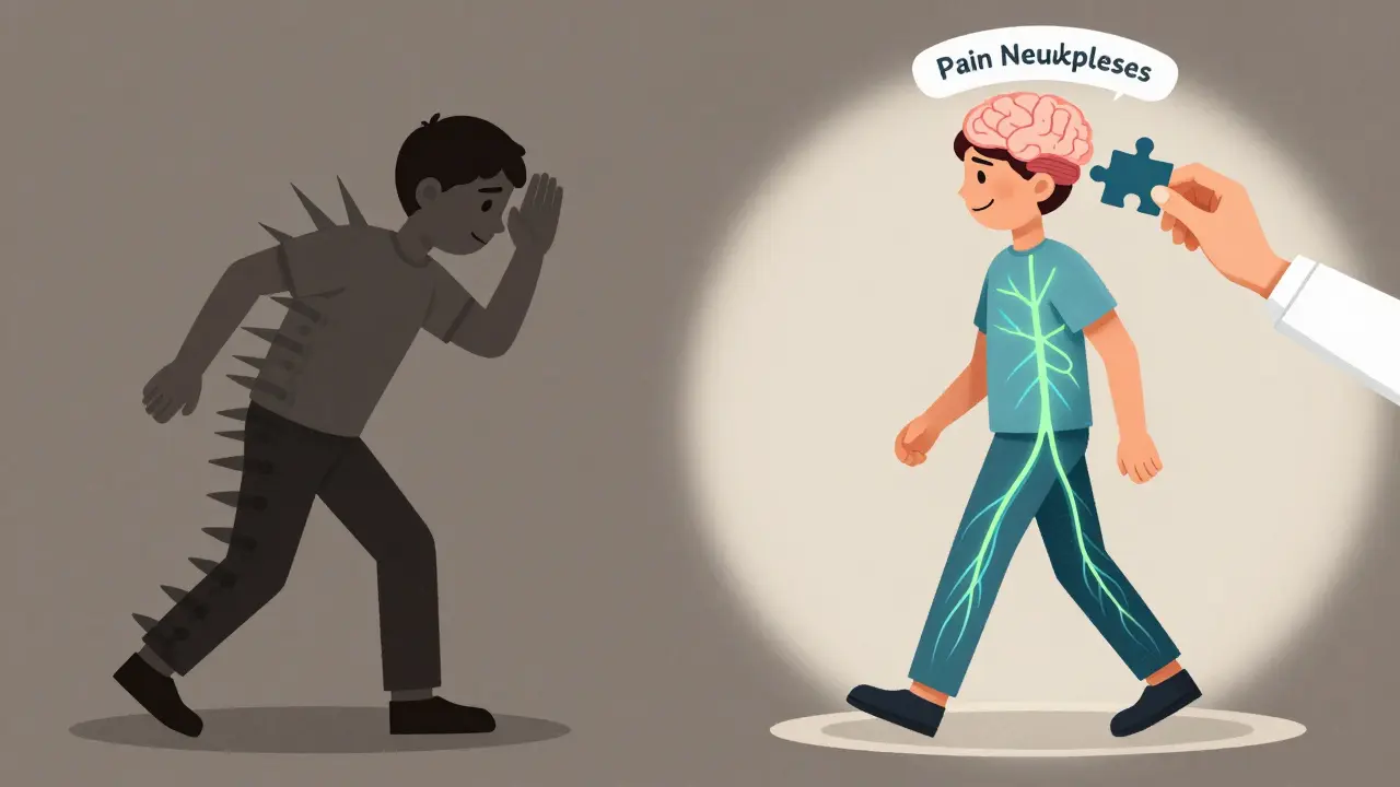 Split illustration: person fearful of movement vs. same person walking confidently with neural pathways glowing.