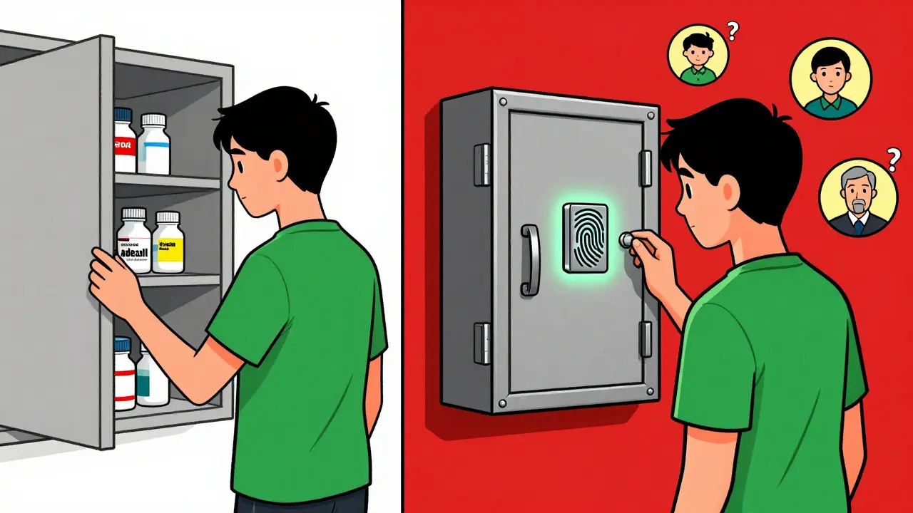 Split illustration showing dangerous pill access vs. safe lockbox with fingerprint scanner.