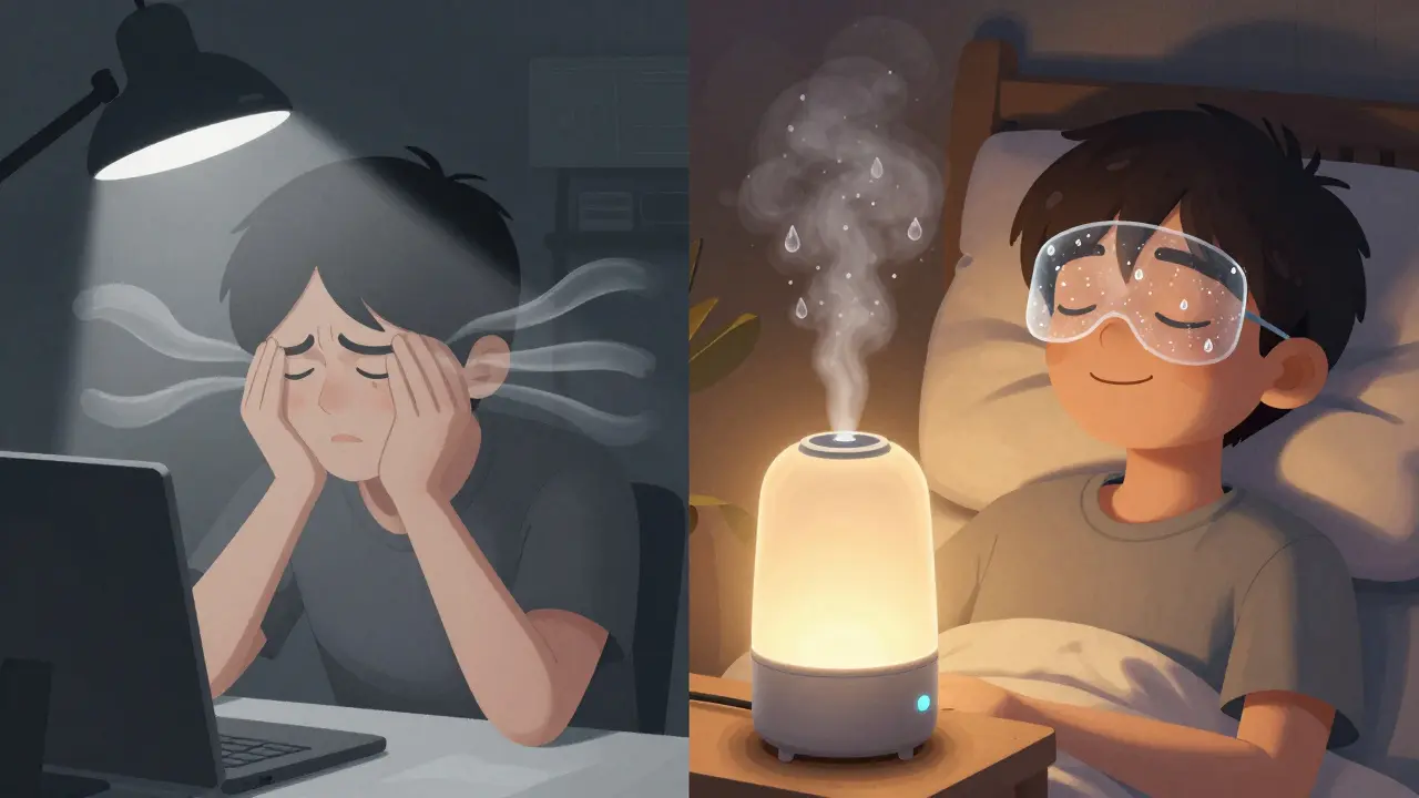 Split scene: person suffering from dry eyes at work vs. peaceful at night with humidifier.