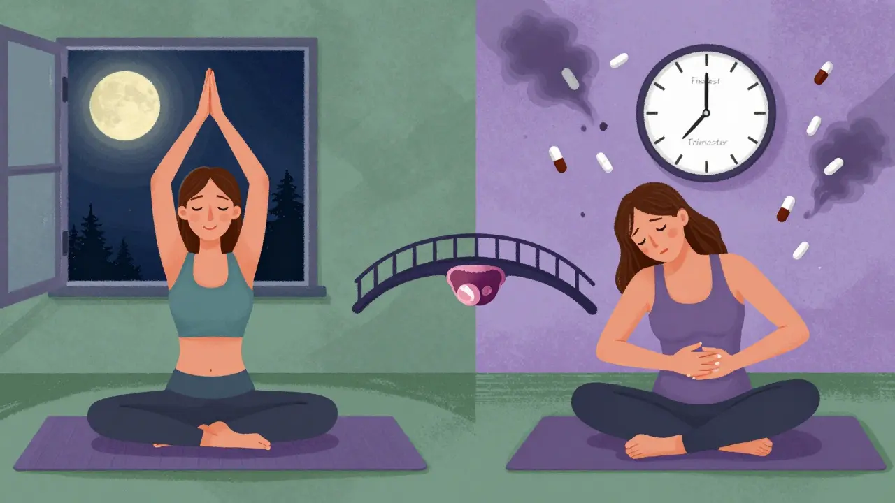 Split scene: pregnant woman practicing yoga on one side, benzodiazepine pills raining down on the other, first trimester clock above.