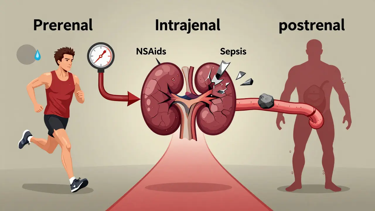 Three pathways to acute kidney injury: dehydration, toxic drugs, and urinary blockage, all leading to a damaged kidney icon.