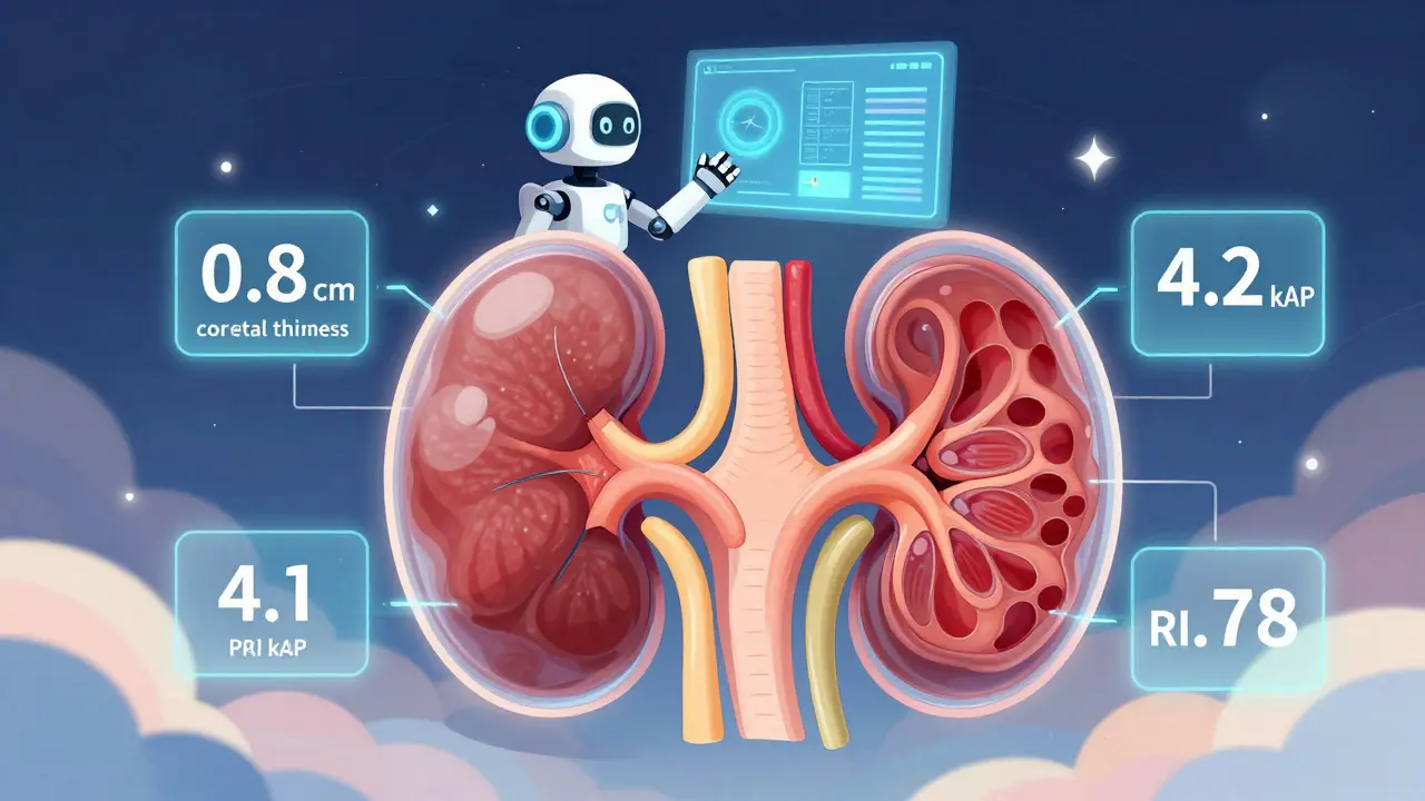 Transparent kidney with floating numerical markers showing stiffness and blood flow metrics.