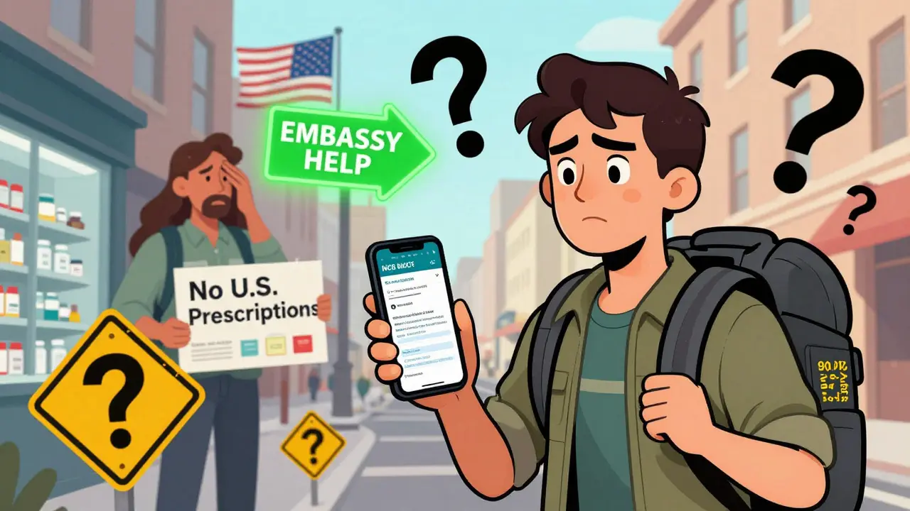 Traveler consulting INCB database on phone while pharmacist declines prescription, embassy arrow guiding them in distance.