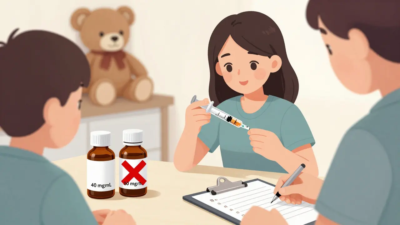 Two adults verify liquid medicine dosage using a calibrated syringe while comparing medicine concentrations.