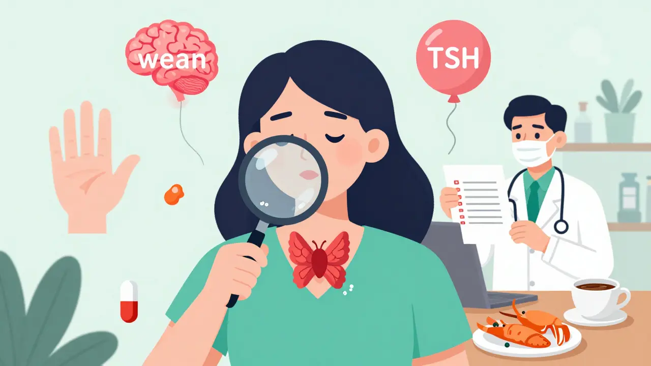 Woman examining swollen thyroid with magnifying glass, floating symptoms and selenium capsule on table.