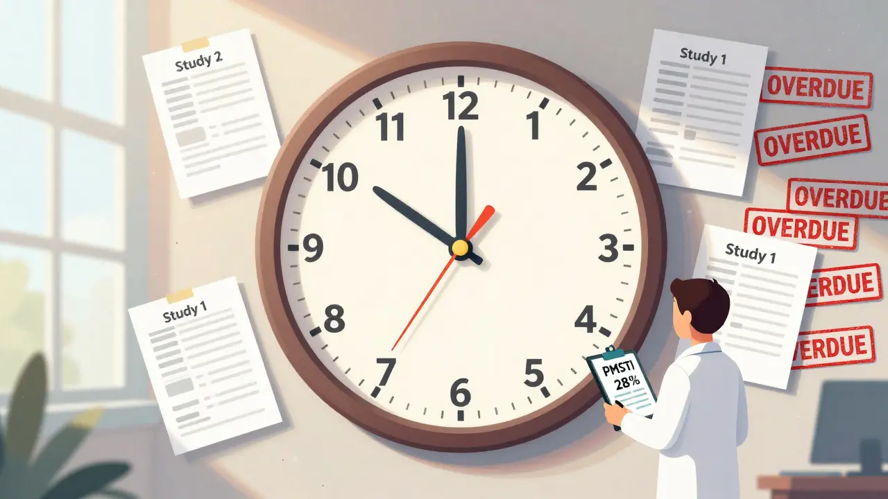 A clock with six delayed post-marketing studies, a pharmacist holding overdue paperwork, and red 'OVERDUE' stamps on scattered files.