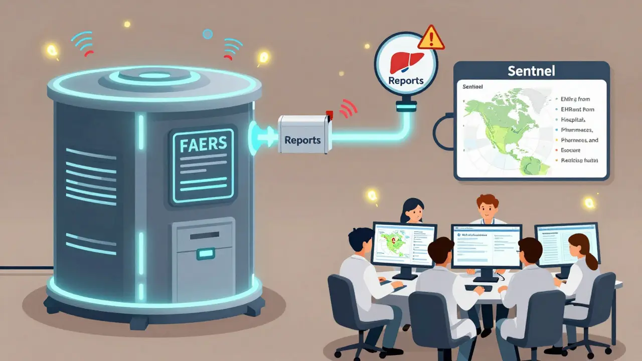 A data hub with FAERS and Sentinel systems connected by glowing pipelines, showing real-time safety signals across North America.