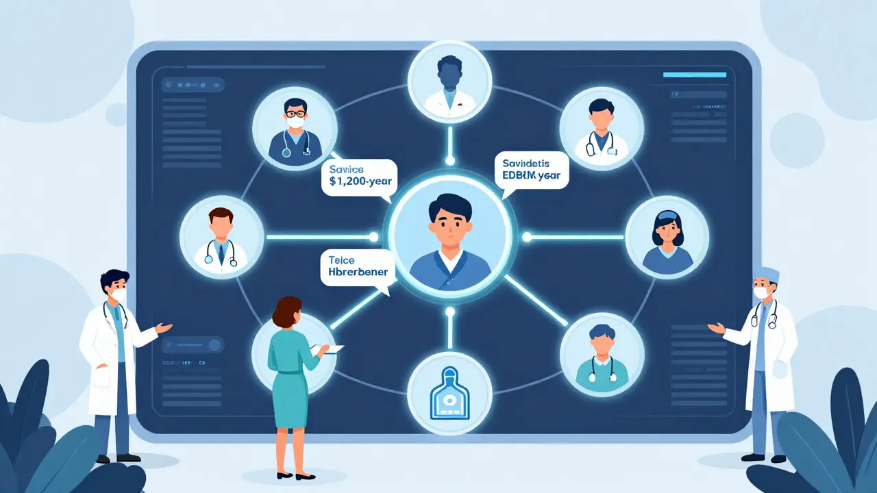 A digital clinic dashboard connects healthcare providers and AI to a patient profile, highlighting savings and improved medication use.