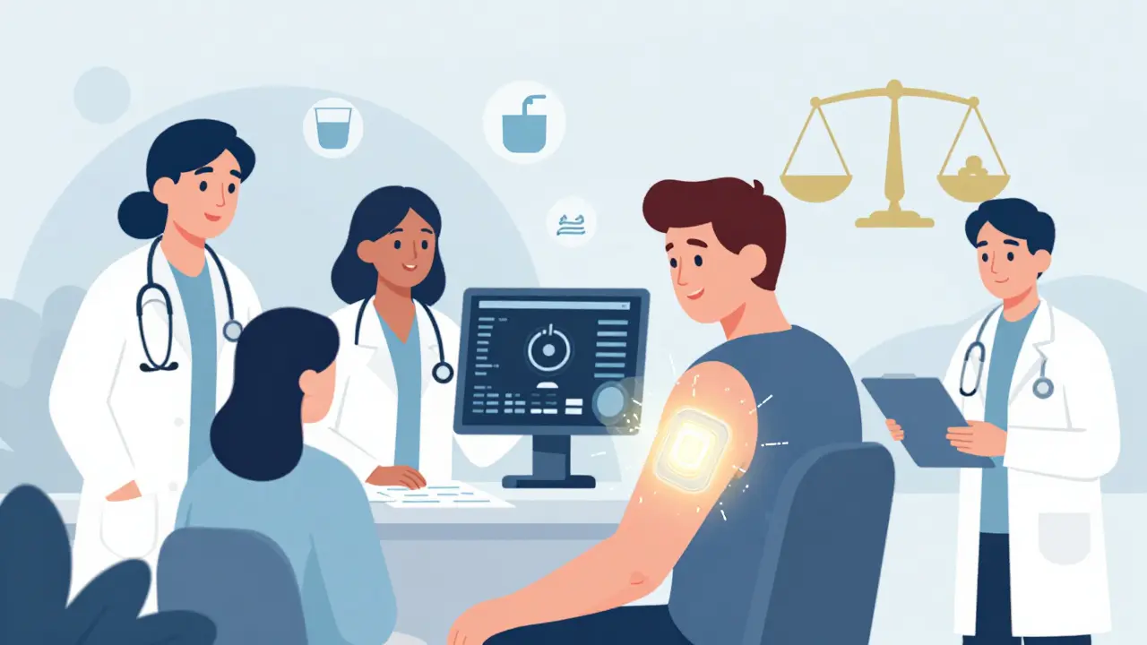 A glowing sodium-monitoring patch on skin, connected to a care team reviewing health data, representing advanced CKD management.