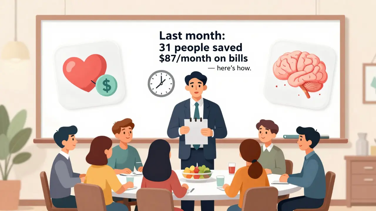 A manager explaining wellness benefits to a team with floating data icons showing savings and reduced stress.