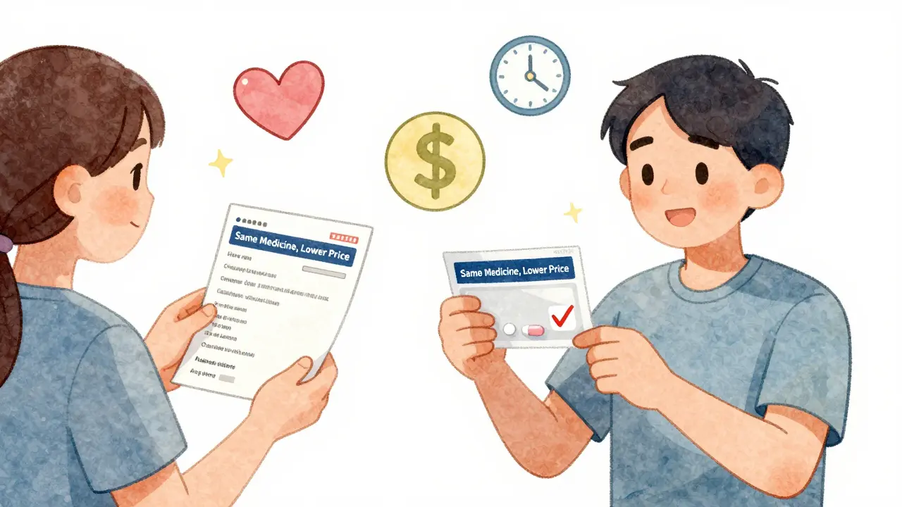 A patient holds a prescription that transforms into an authorized generic pill with symbols of trust and savings.