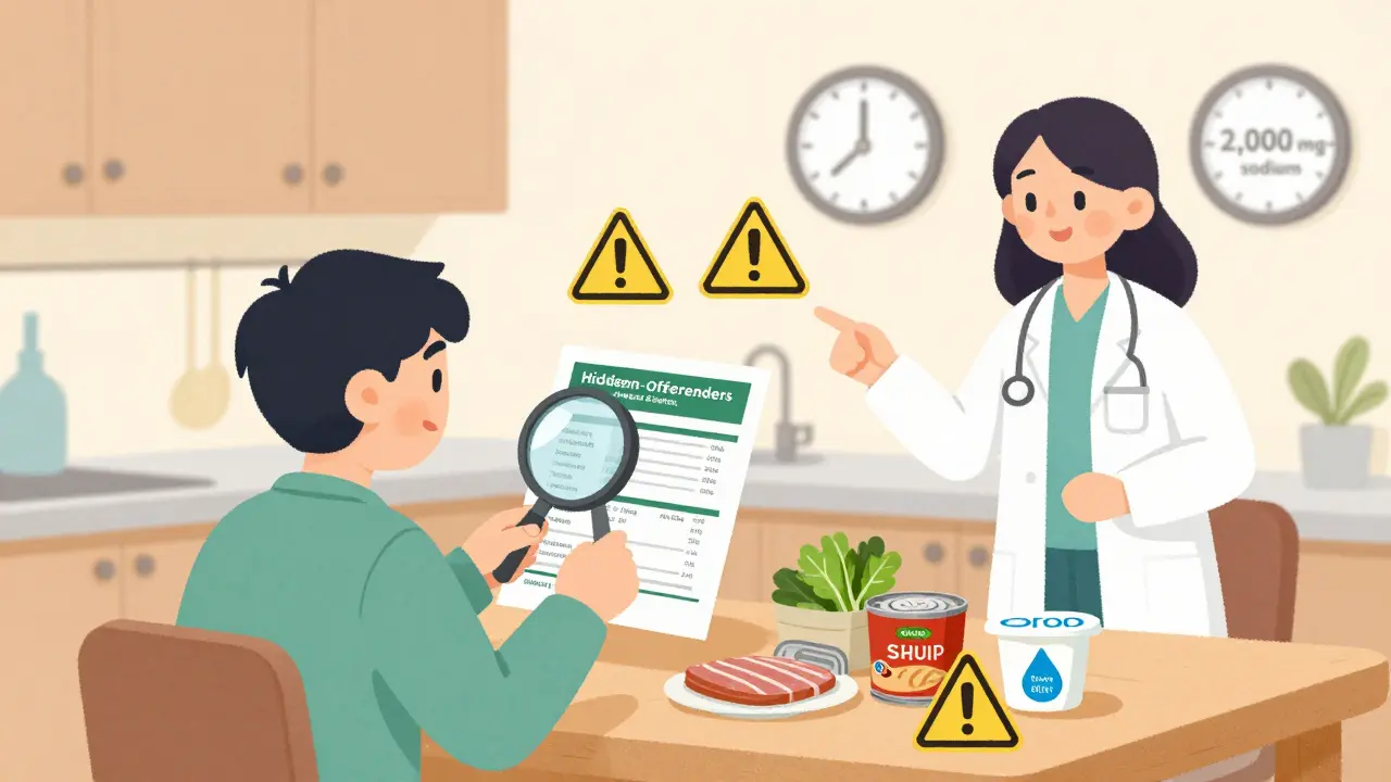A person reading a food label at a table, surrounded by high-sodium foods with warning signs, guided by a dietitian.