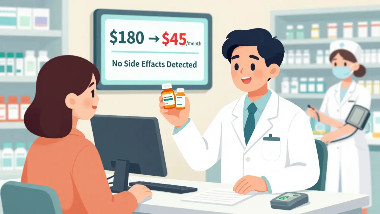 A pharmacist shows a patient a generic drug alternative, with a digital screen displaying cost reduction from 0 to  per month.