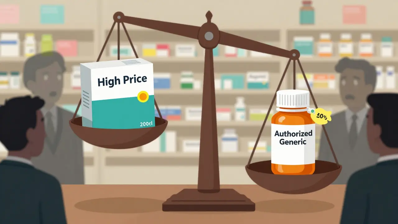 A scale tips as a branded drug box weighs more than its identical authorized generic counterpart.
