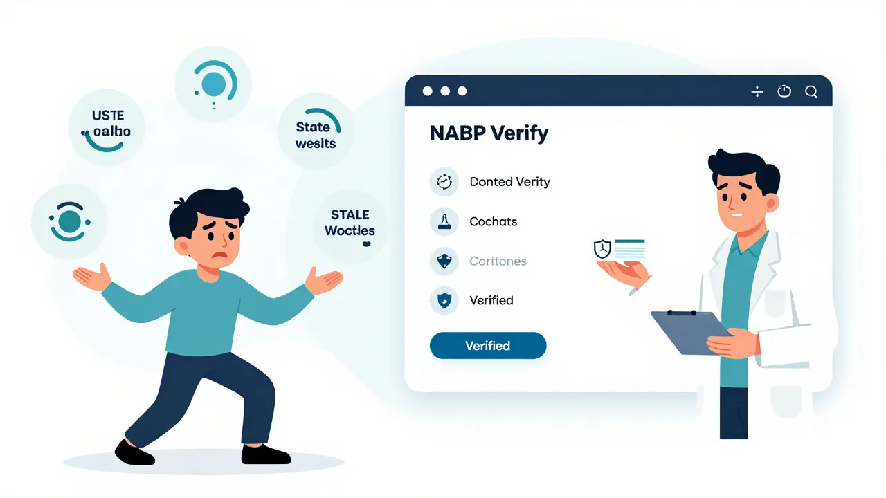 A split scene: one side shows a person overwhelmed by multiple state pharmacy websites, the other shows a streamlined NABP Verify dashboard with real-time updates.