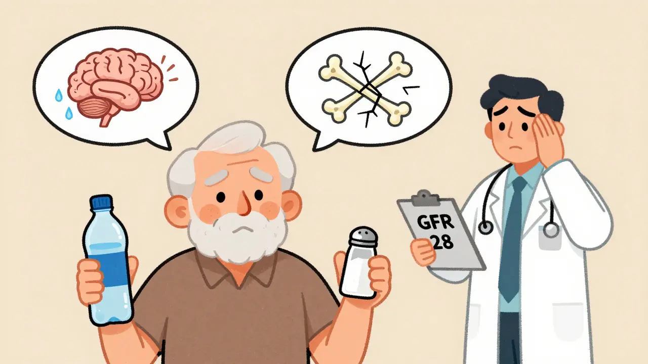 An elderly person torn between water and salt, with brain and bone hazards above, while a doctor reacts to low GFR.