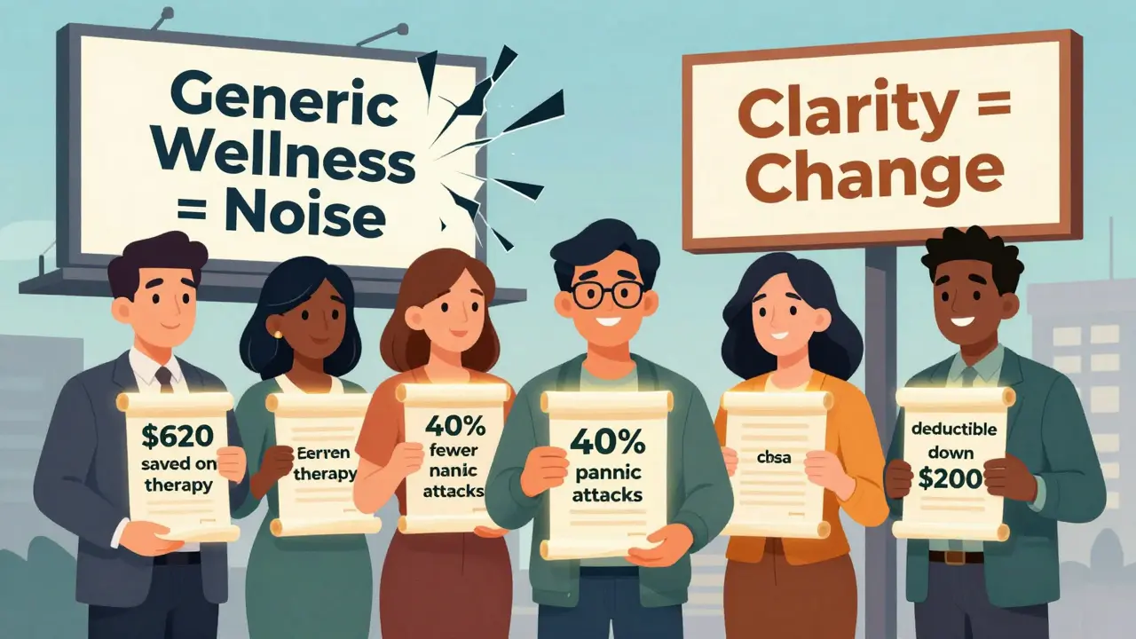 Employees holding personalized wellness benefit statements with real savings and health improvements shown.