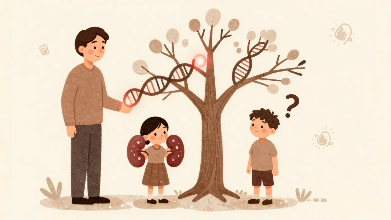 Family tree illustrating inheritance of PKD gene: one child inherits the mutation with cysts, another does not, with a question mark for spontaneous cases.