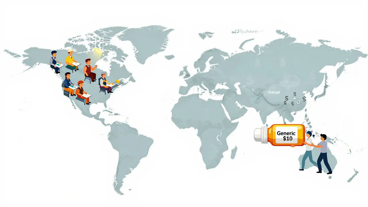 Global map showing labor pathways for generic drug production, contrasting U.S. and overseas workers with symbolic dollar signs and pill bottle.