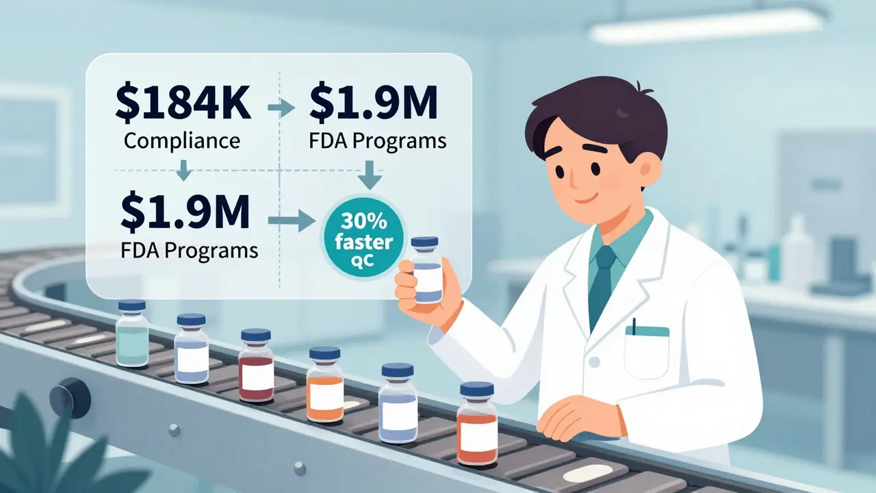 Lab technician inspecting hundreds of drug samples at once, with cost breakdowns floating above in a stylized editorial cartoon style.
