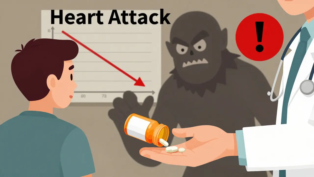 Patient reconsidering stopping statins as a heart attack shadow looms, with a doctor guiding them to continue treatment.