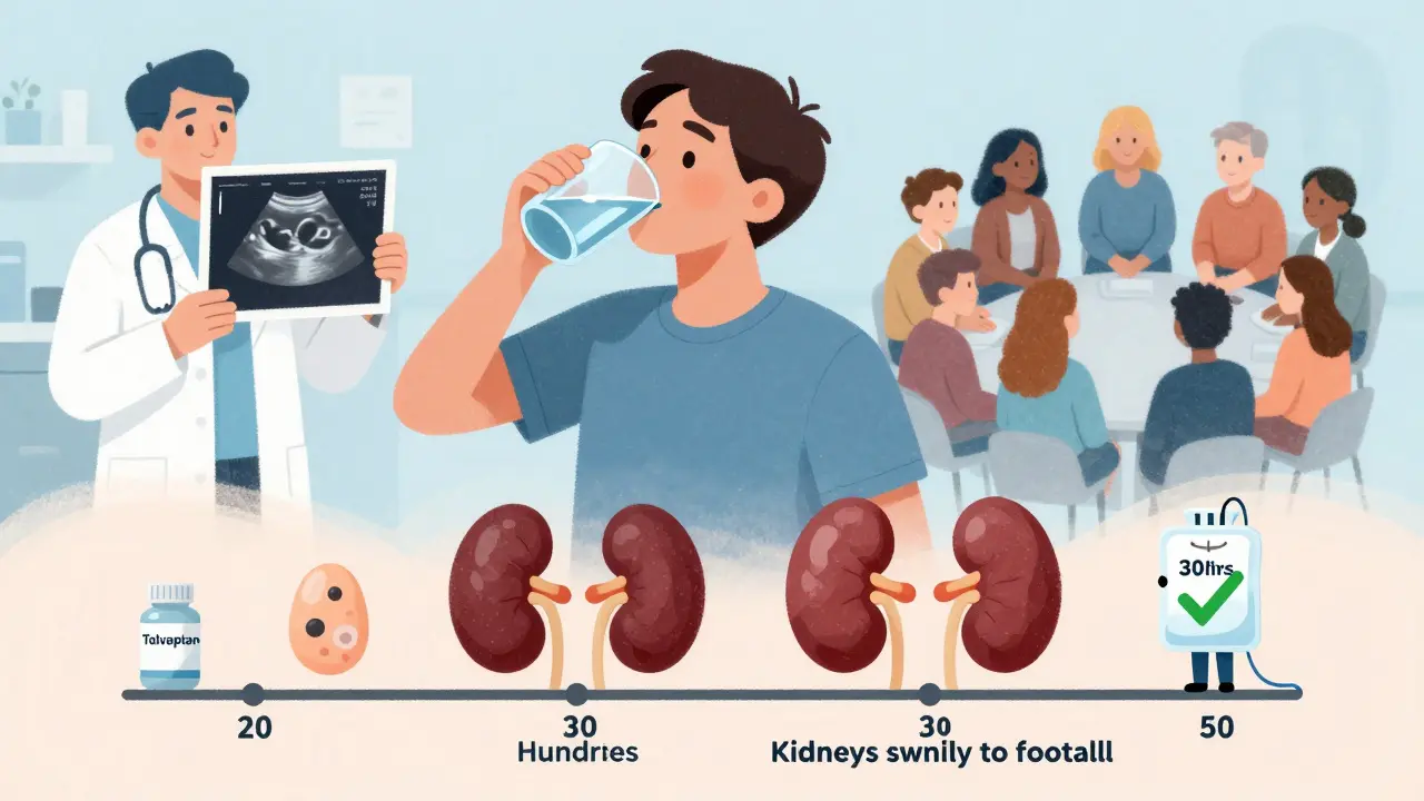 Person drinking water beside scaled kidneys growing over time, with transplant bag and support group in background, symbolizing PKD management.