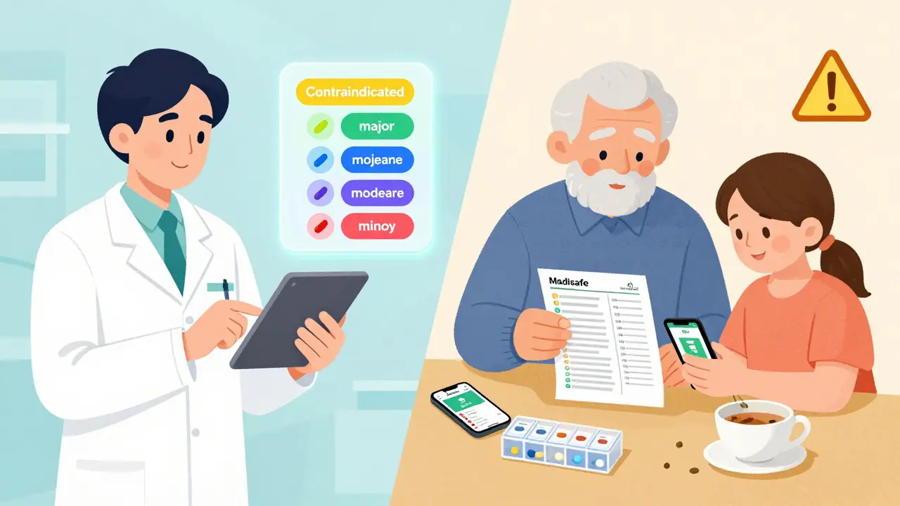Pharmacist scanning a pill with Epocrates while an elderly man and child review medication lists together on a phone.