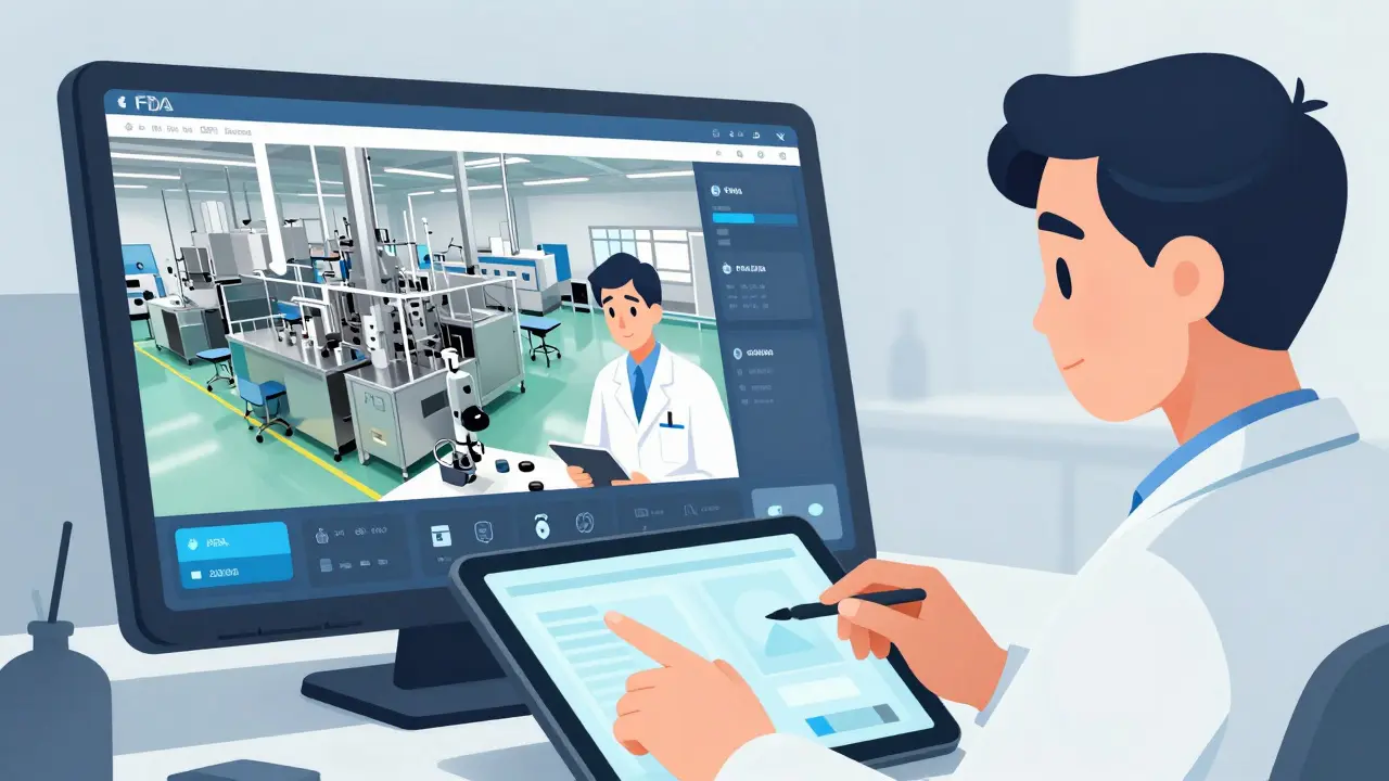 Technician monitoring overseas manufacturing via remote inspection tablet