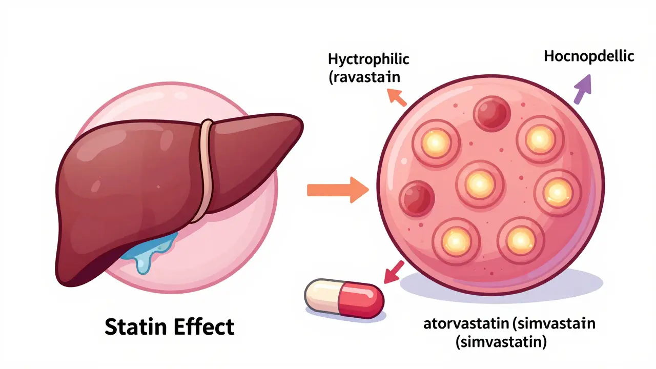 Two liver cells illustrated side by side, showing enzyme leakage from statin use versus healthy mitochondrial function.