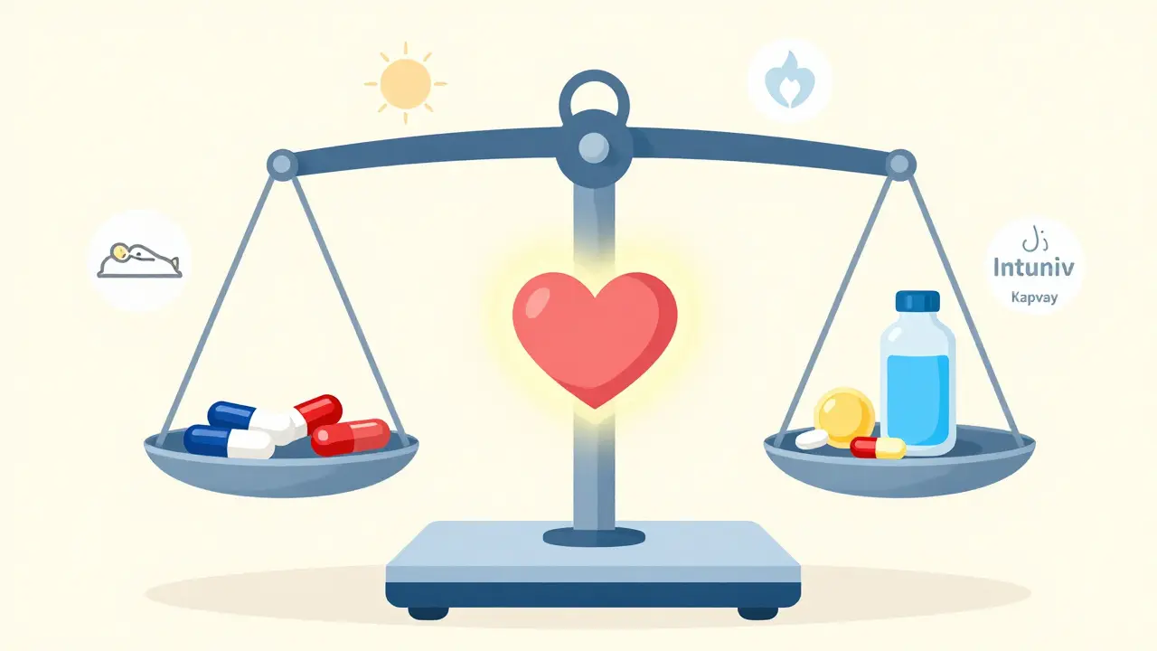 A balanced scale comparing stimulant medications with safer non-stimulant alternatives for ADHD treatment.