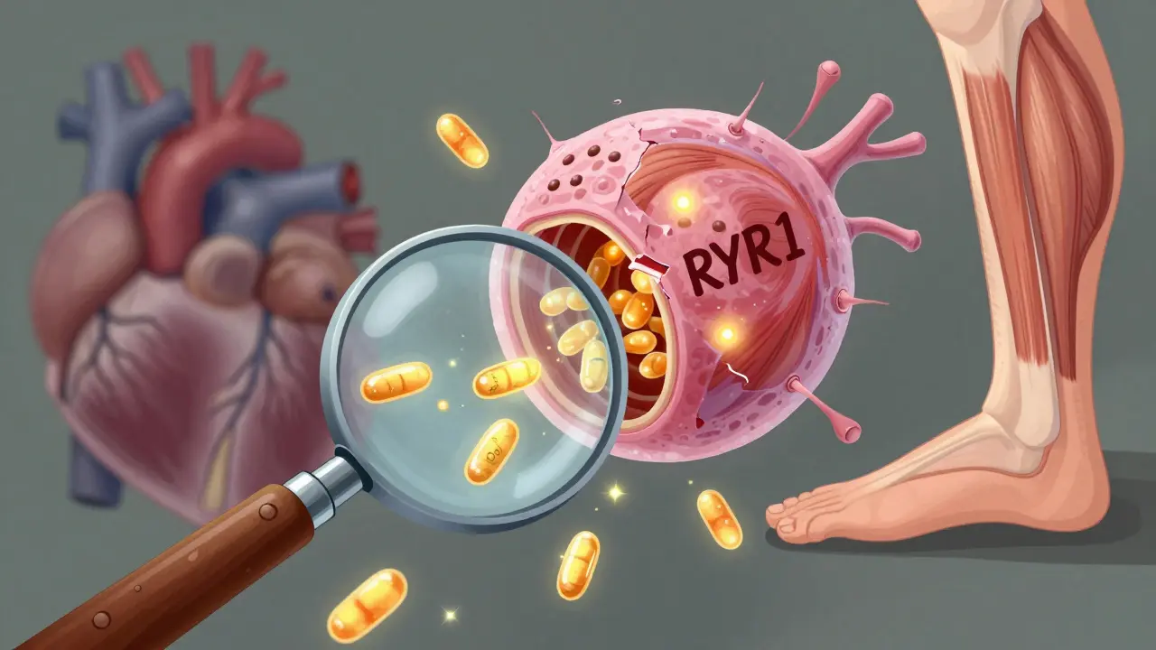 A magnified muscle cell showing calcium leaks, fading CoQ10 molecules, and missing protein anchors, with heart and leg on either side.