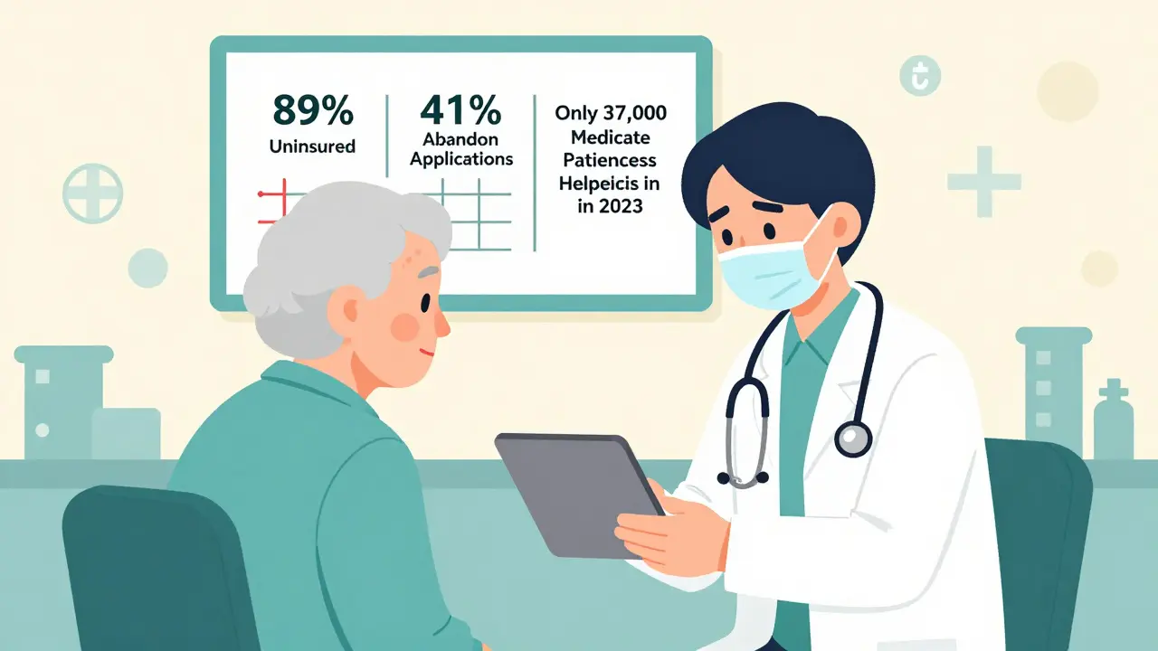 A medical assistant helps an elderly patient apply for drug assistance in a doctor's office with statistics on the wall.