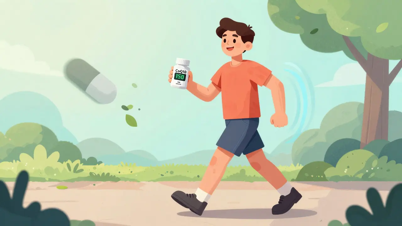 A person walking happily with a supplement bottle and pedometer, while a statin pill dissolves into leaves, representing recovery through exercise and alternatives.