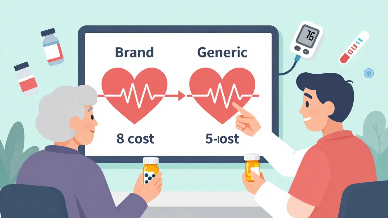 A pharmacist explaining to an elderly patient how generic and brand medications work the same way with equal health outcomes.