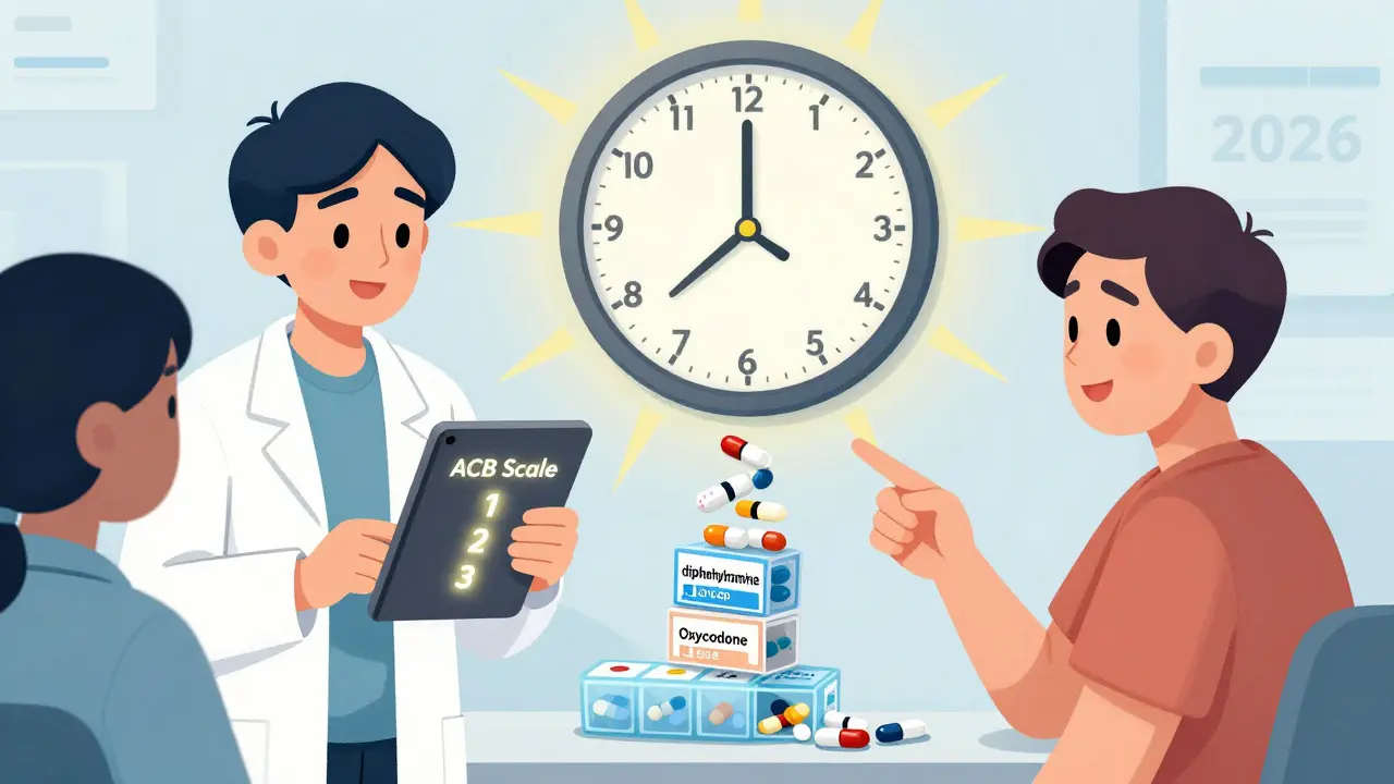 A pharmacist shows an ACB scale as three sedating medications collapse into a tower, with a clock ticking toward 2026 in the background.