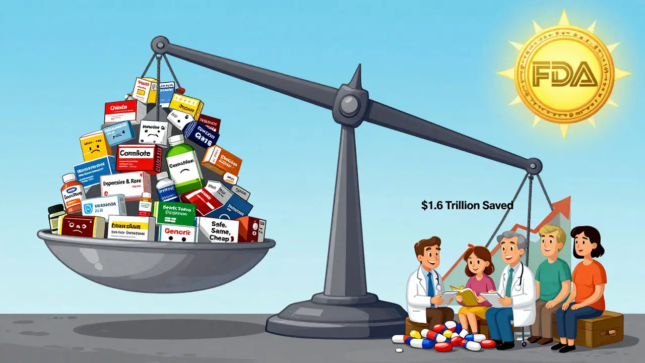 A scale tipping toward affordable generic medications, symbolizing massive healthcare savings and patient well-being.