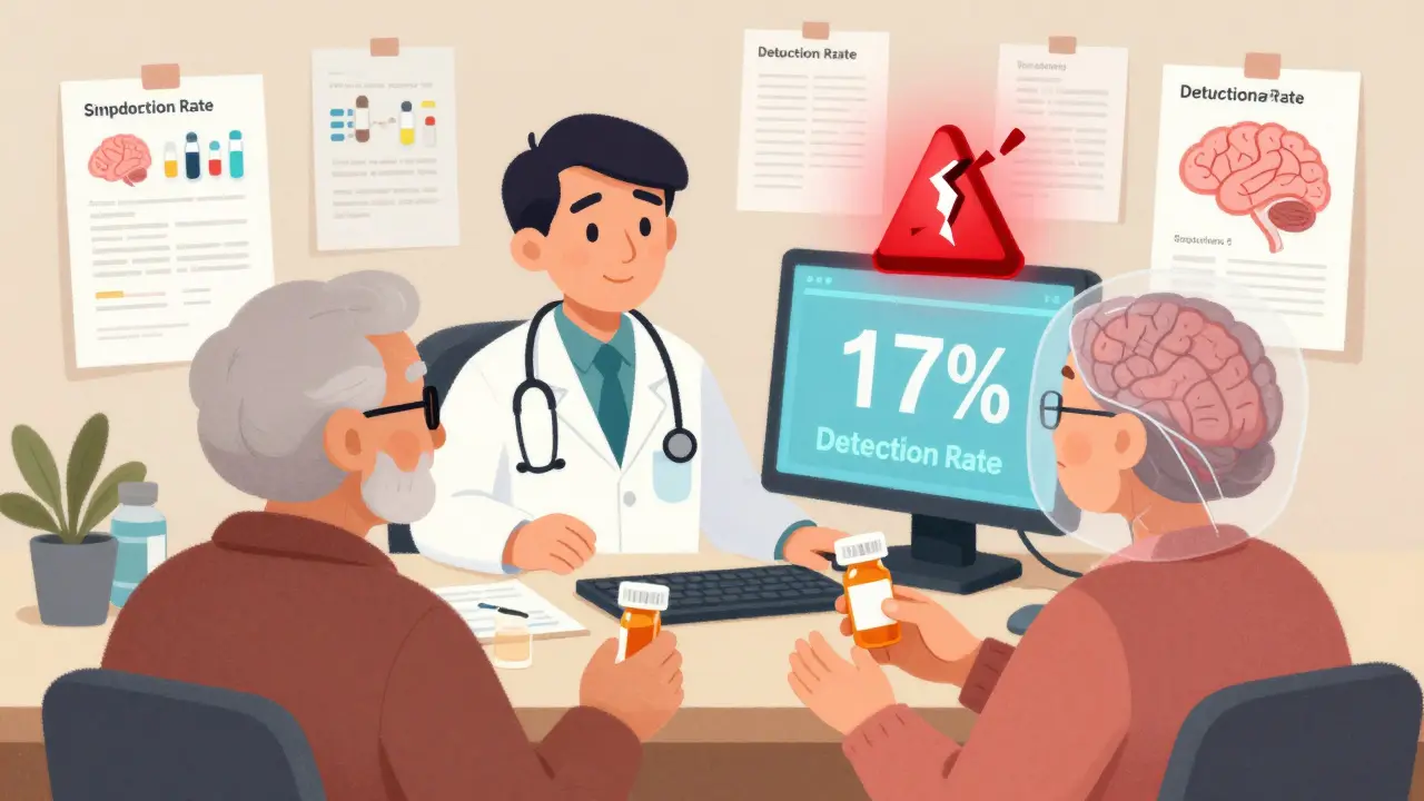 An elderly couple holding prescriptions while a doctor's computer screen shows only 17% detection rate for dangerous drug interactions.