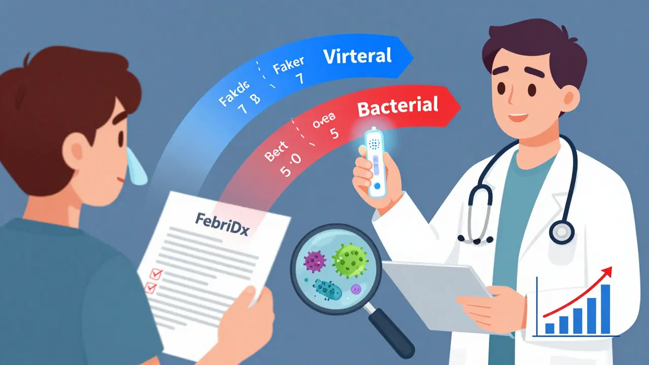 Doctor using a FebriDx test to distinguish viral from bacterial symptoms, with visual indicators of fever patterns and resistance trends.