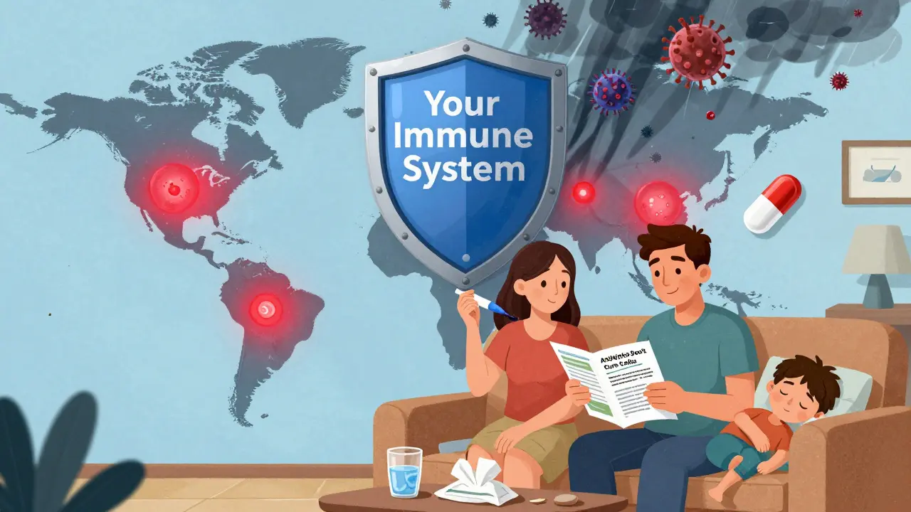 Family learning about appropriate illness treatment, with a shield representing the immune system blocking viruses.