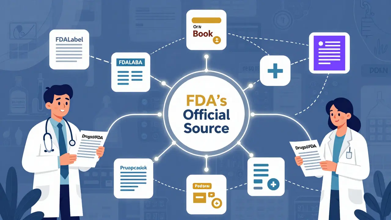 Healthcare professionals connected by glowing threads to the Drugs@FDA hub, with other FDA databases shown as secondary links.