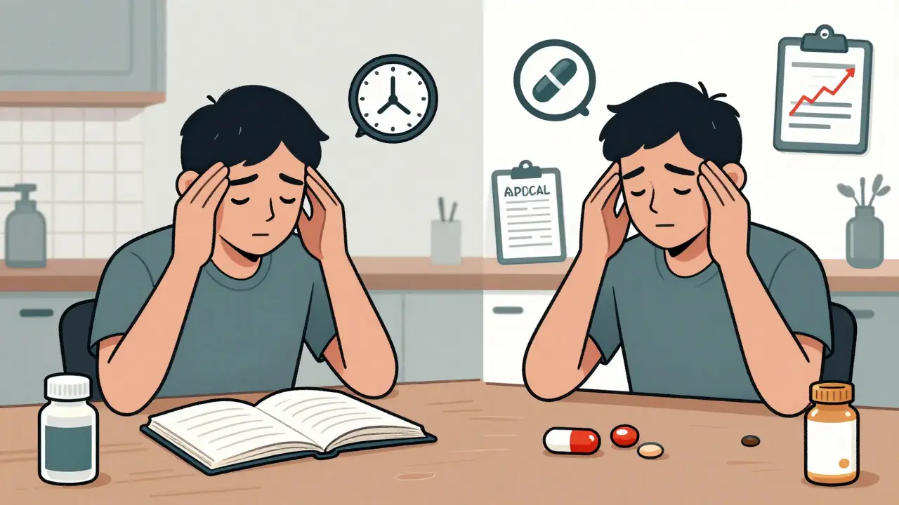 Patient with symptom journal beside generic and brand pills, with icons of approval delays and seizure graph.