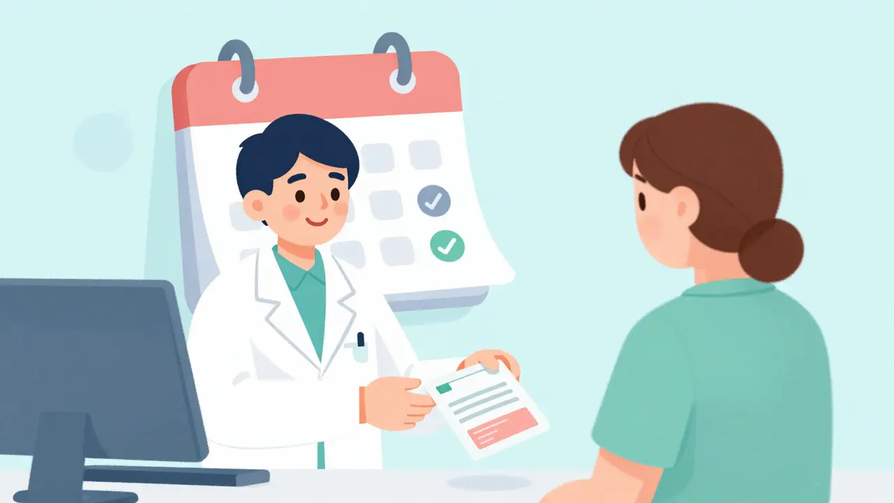 Pharmacist advising patient near a calendar page