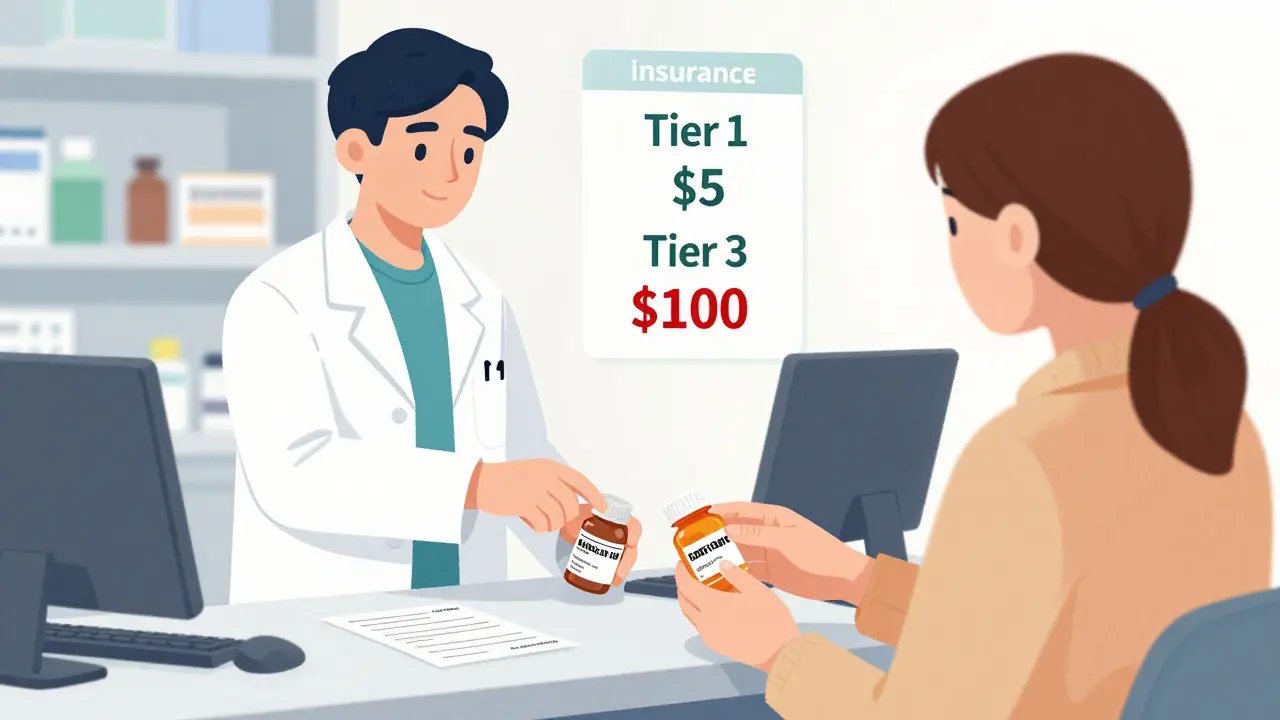 Pharmacist swapping brand-name pill for generic without patient noticing, with tier pricing overlay.