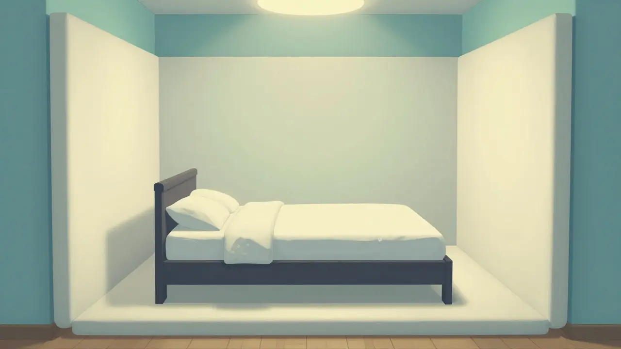 Safe bedroom with low bed and padded walls