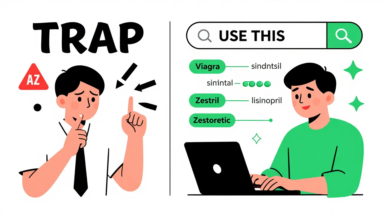 Split illustration comparing a failed A-Z drug search with a successful main search in the Drugs@FDA database.