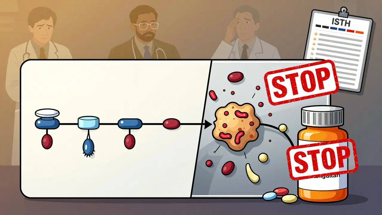 Split medical chart showing normal vs chaotic clotting, with a 'STOP' stamp on dabigatran pill bottle.