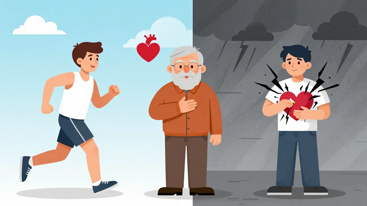 Three figures representing different risk levels of stimulant use: healthy, elderly, and illicit drug user, with symbolic heart imagery.