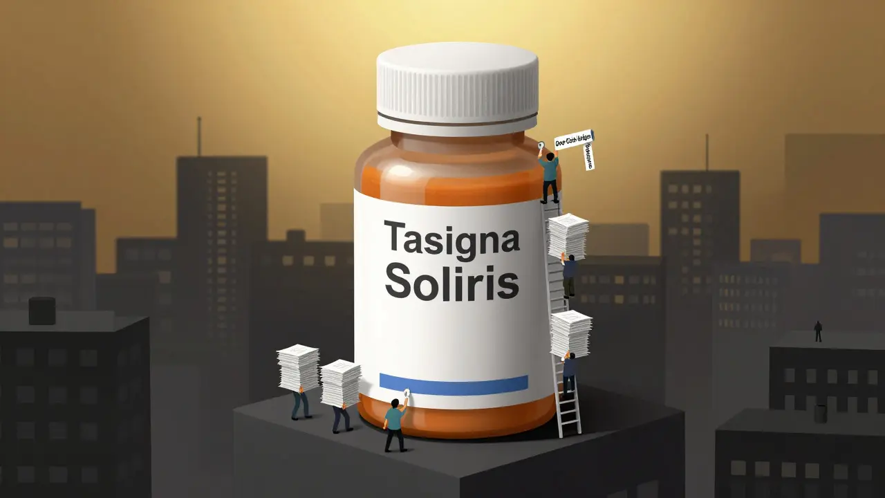 Tiny people climb a giant drug bottle while a simple ladder offers hope for streamlined patient assistance.