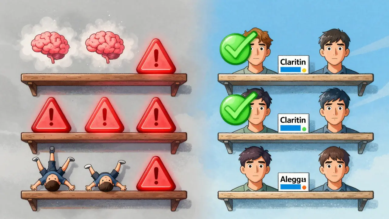 Two medicine shelves: one with dangerous sedating antihistamines and warning symbols, the other with safe non-drowsy alternatives.