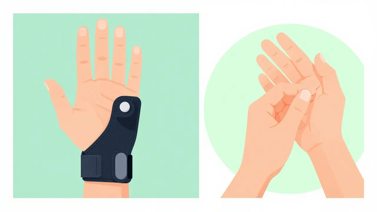 A hand wearing a nocturnal wrist splint and another performing recovery exercises.